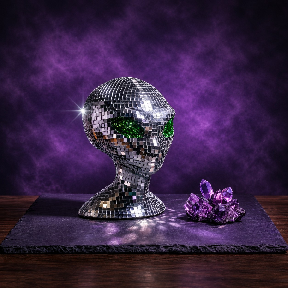 The Close Encounter mirror ball alien statue three-quarter view