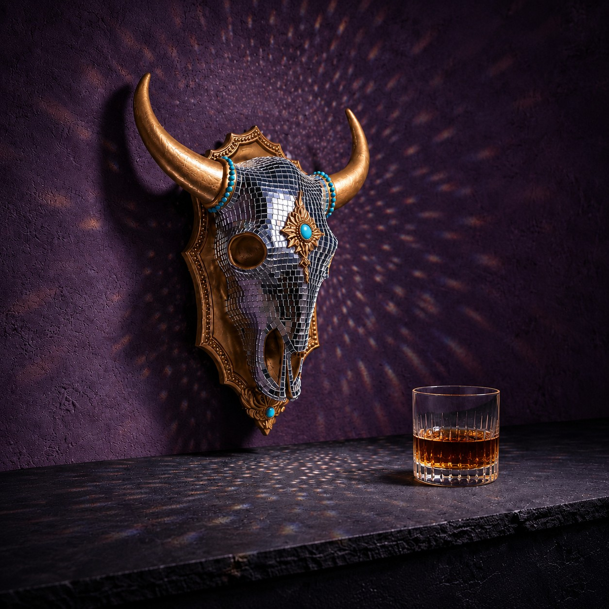 The Last Rodeo cowboy disco wall art with whiskey glass and mirror light scatter