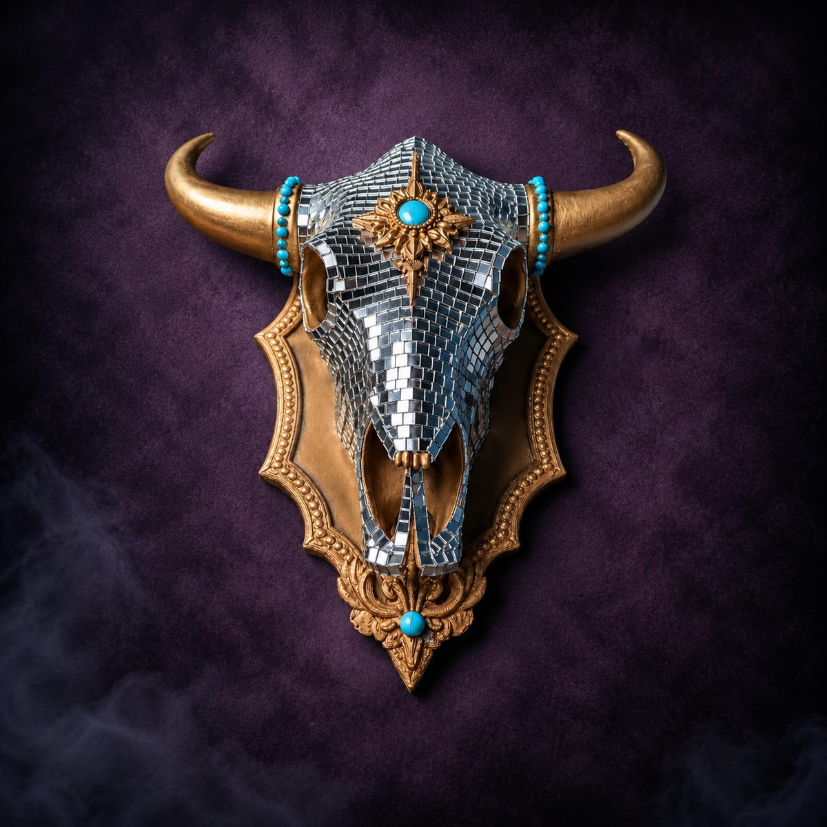 The Last Rodeo front view mirror ball bull skull with gold horns and turquoise detail