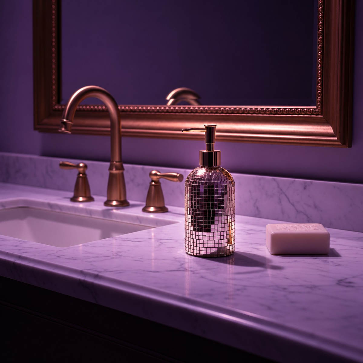 Classic silver mirror mosaic soap dispenser by a sink