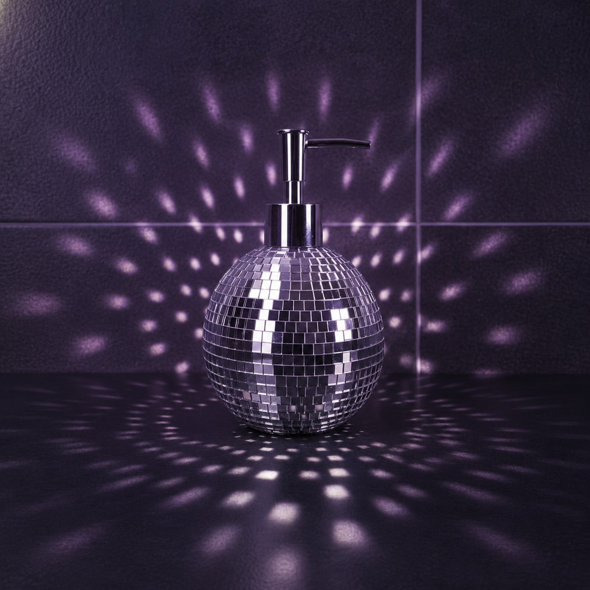 Spherical silver mirror mosaic soap dispenser with reflected light