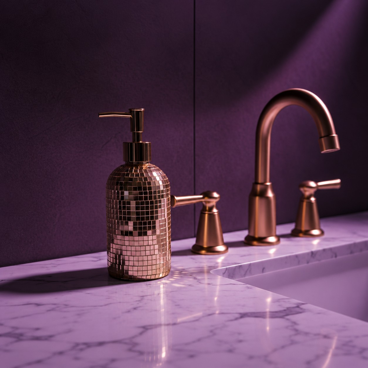 Classic rose gold mirror mosaic soap dispenser by a sink