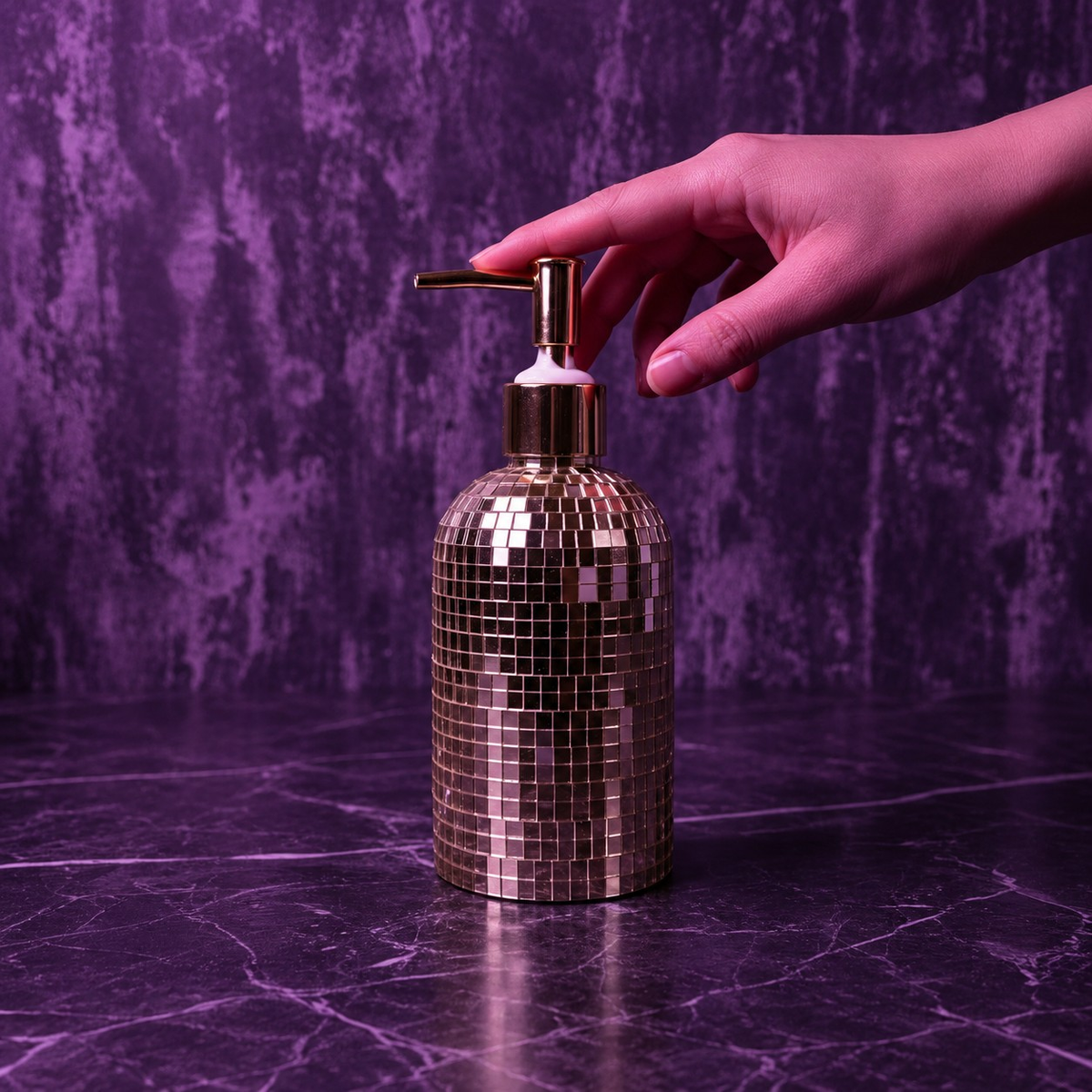 The Lather Ball gold spherical mirror ball soap pump