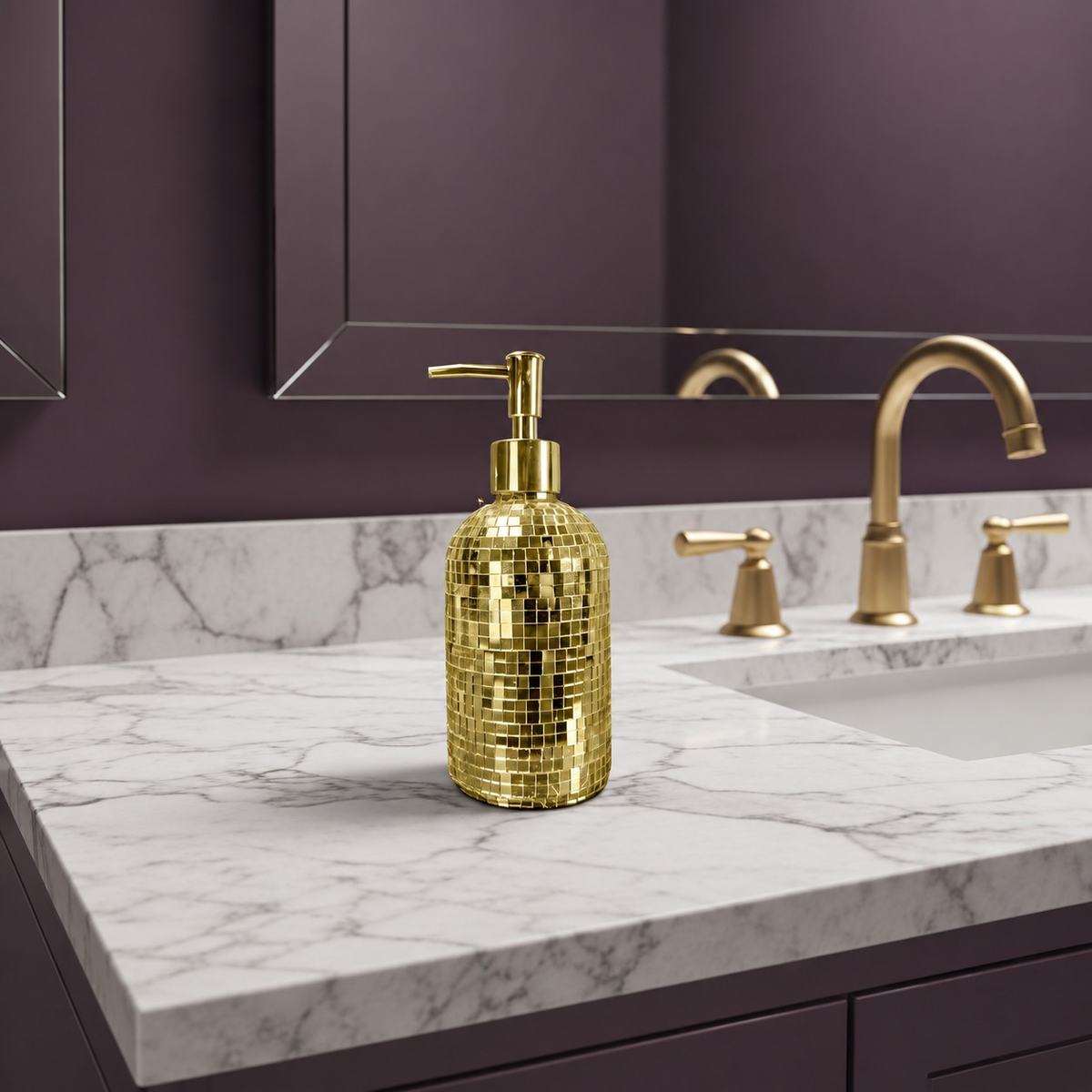 Classic gold mirror mosaic soap dispenser by a sink