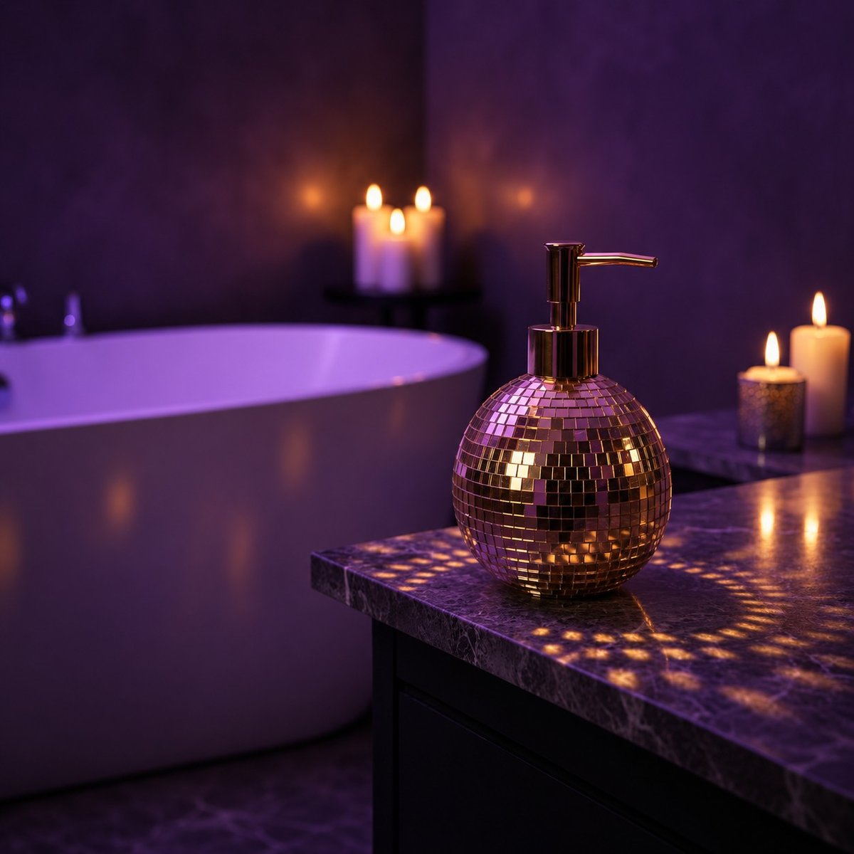 Spherical rose gold mirror mosaic soap dispenser by a bath