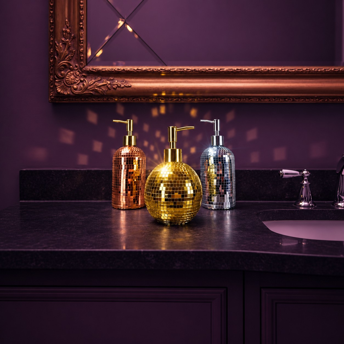 The Lather Ball rose gold disco bathroom decor studio shot