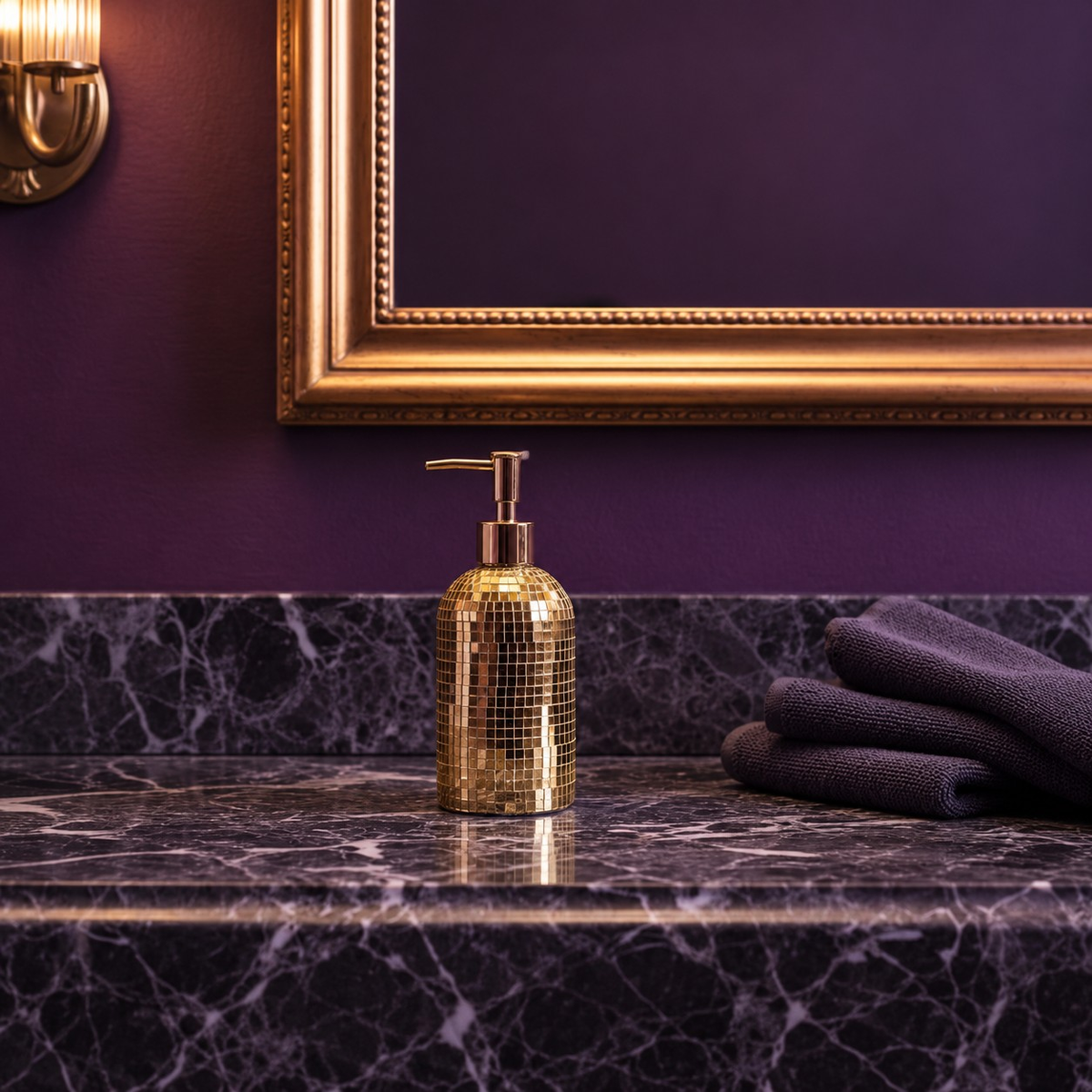 The Lather Ball gold mirror tile soap dispenser side angle
