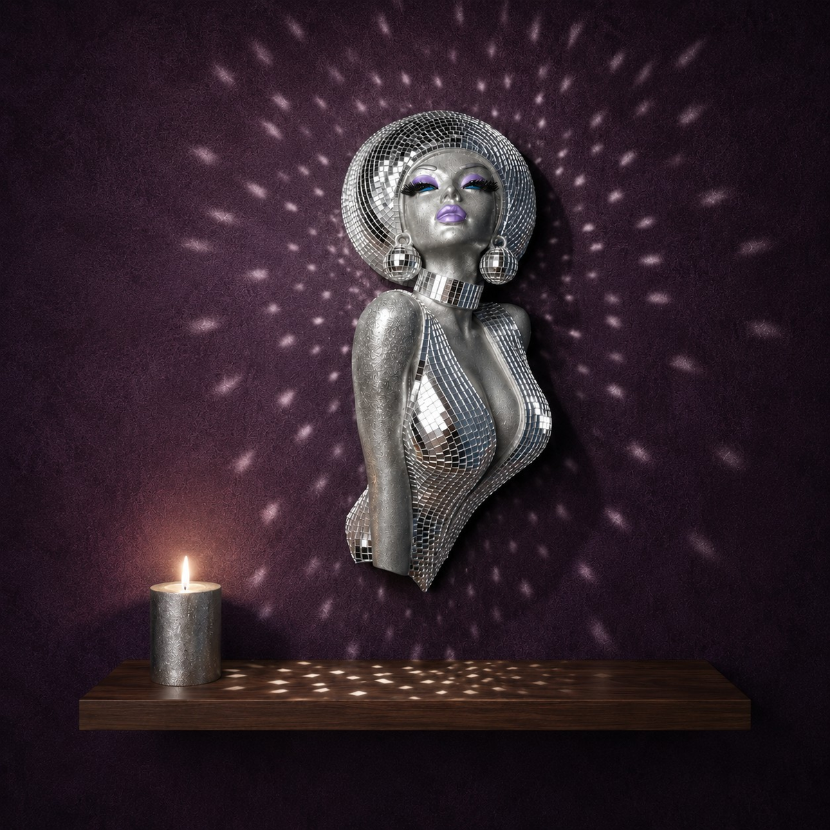 The Mirrorball Muse mirror ball wall art with candle and light scatter