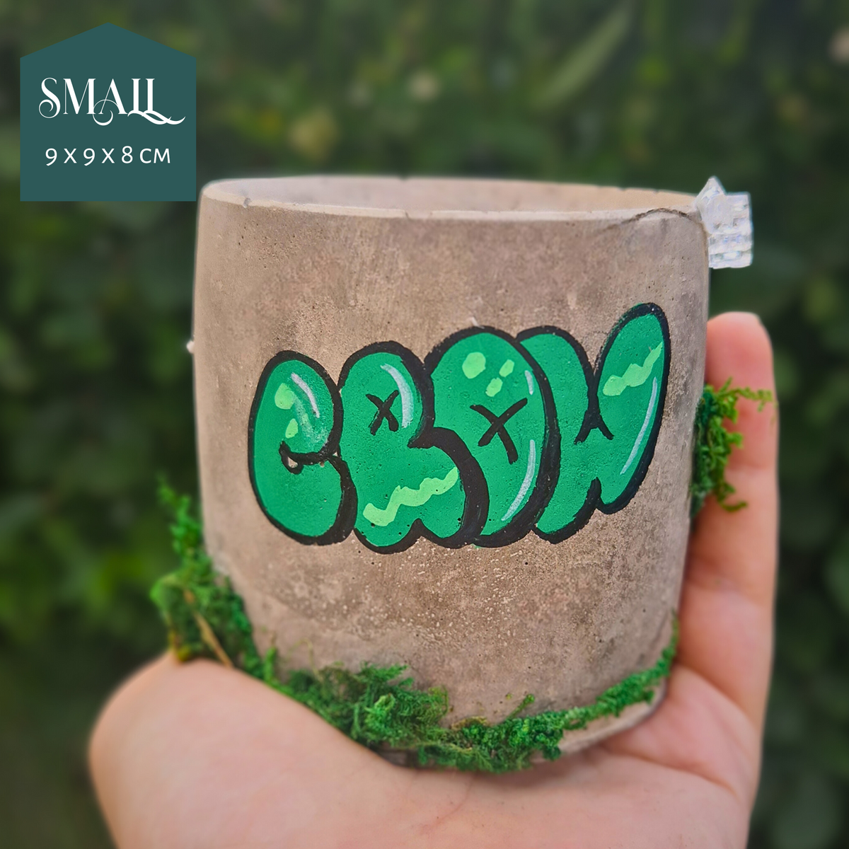 Small personalised graffiti planter, 9 x 9 x 8 cm, held in hand