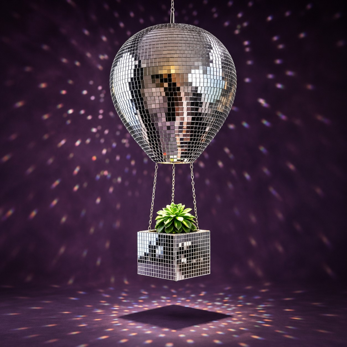 The Voyager mirror ball hot air balloon planter front view