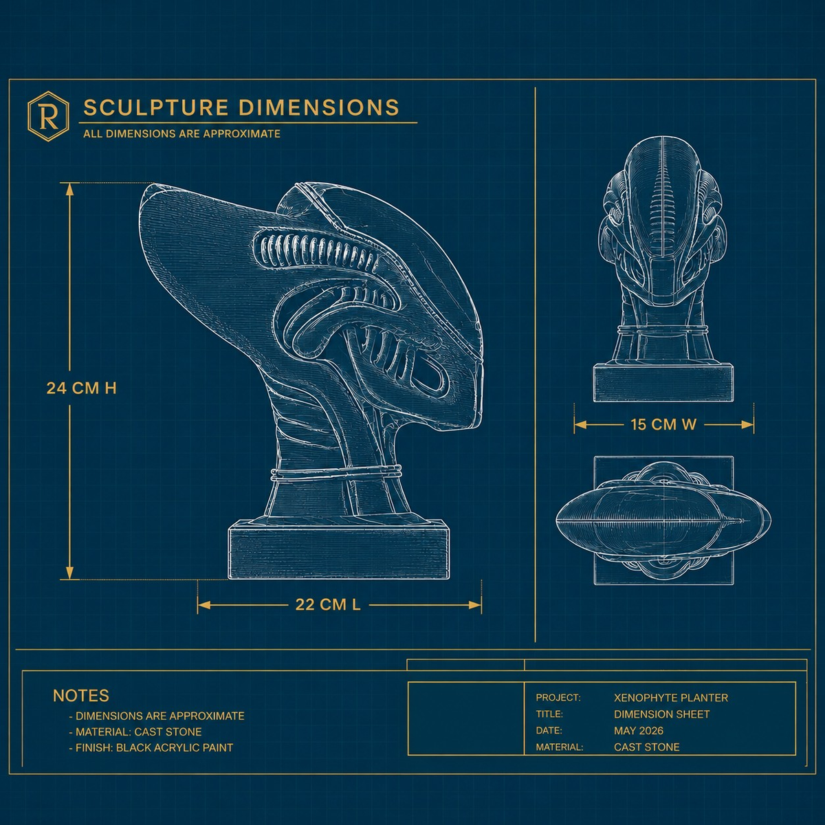 Dimension sheet for Xenophyte Planter showing 22 cm by 15 cm by 24 cm